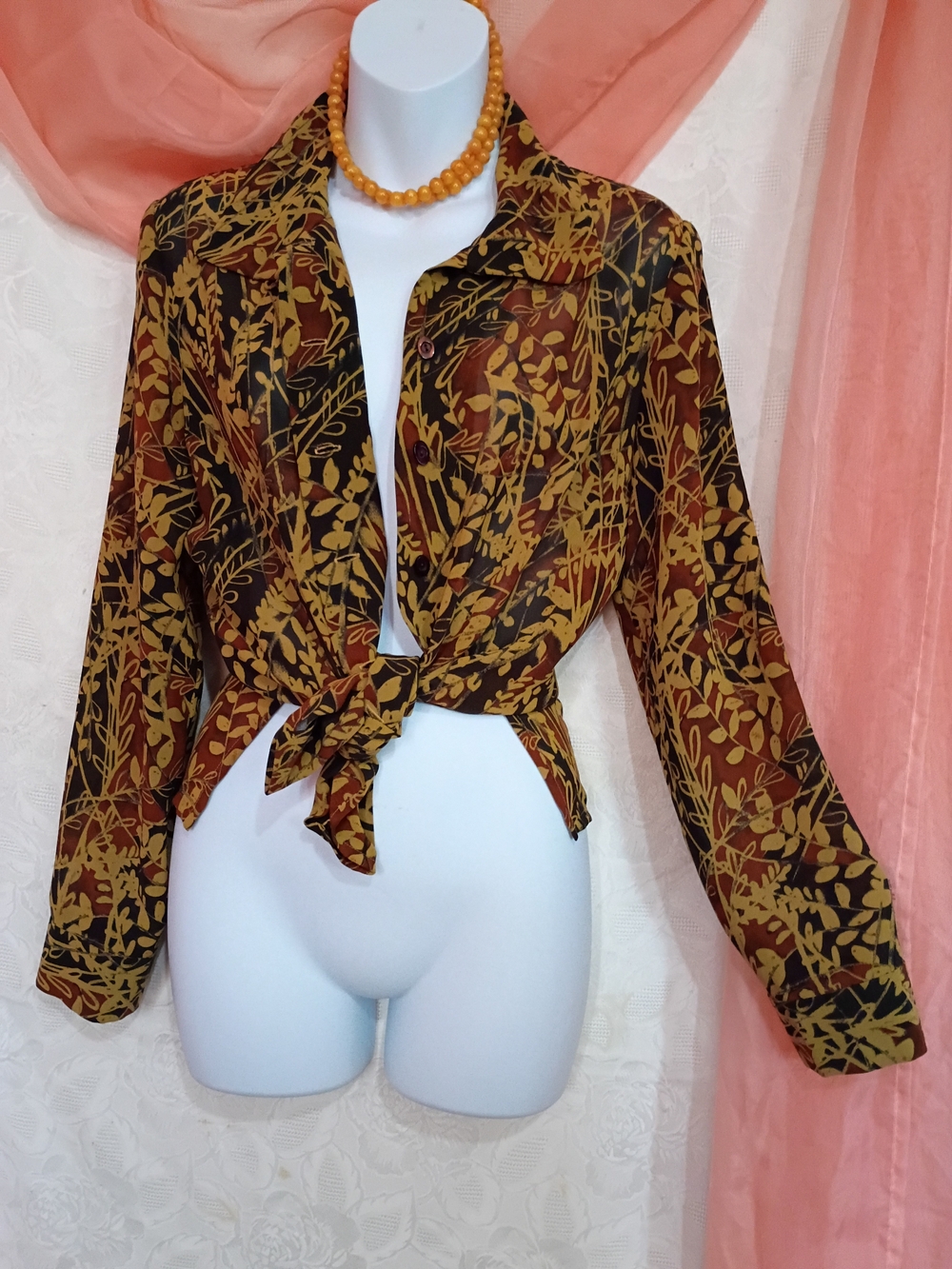 Ladies Botanical Print Blouse in Mustard & Brown Sz Lg